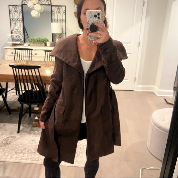 NWT Dark Brown Faux Wool Wrap-Tie Coat - Picture 3 of 13